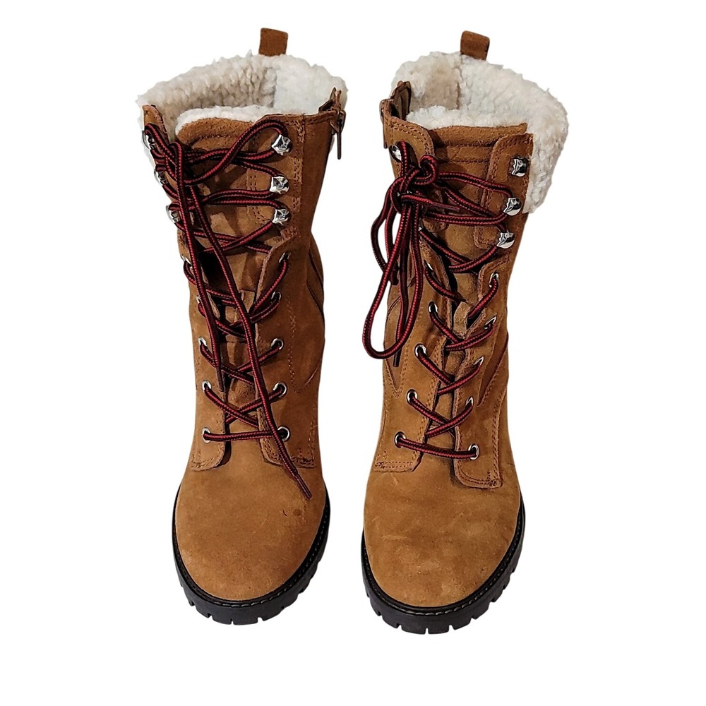 Nine West Women's Lace Up Heeled Boots Suede Leather Sherpa Trim